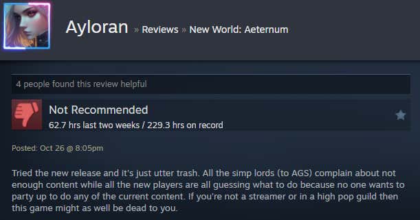 Image of the article titled New World: Eternal, as described in a Steam review